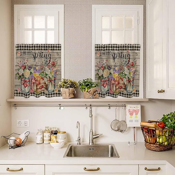 Spring Flowers Kitchen Curtain Set, Farmhouse Vintage Black Plaid Wood Grain Window Valance and Tiers 24" Length, Light Filtering Short Curtains Valance for Cafe Bathroom Bedroom 54"x18"
