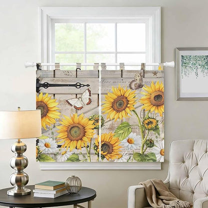 Farm Flowers Bedroom Curtains 63 Inch Length, Window Curtains Tab Top, Retro Sunflowers Barn Doors Butterfly Wood Board Light Filtering Window Treatments Drapes 42"x63" 2 Panel
