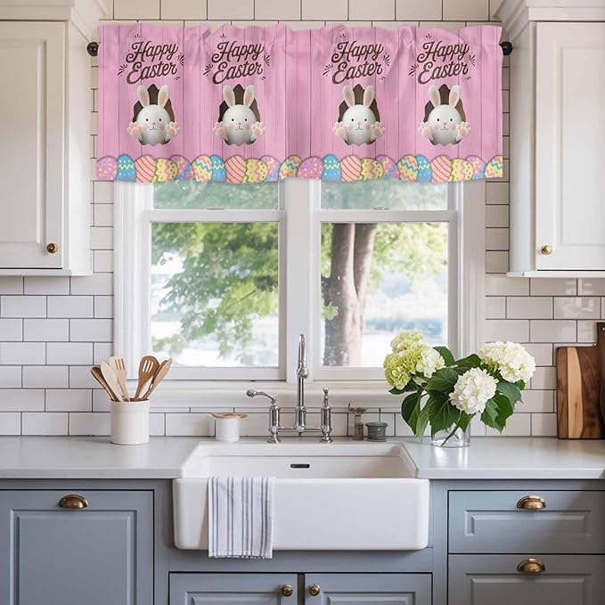 Pink Easter Curtain Valances for Windows, Kitchen Valance Window Treatment, Easter Bunny Eggs Spring Cartoon Farmhouse Wood Grain Light Filter Block Curtains for Bathroom/Bedroom/Living Room 42''x18''