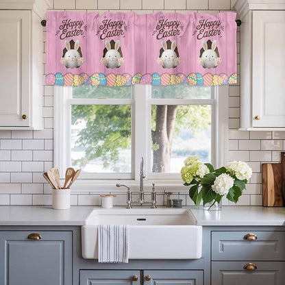 Pink Easter Curtain Valances for Windows, Kitchen Valance Window Treatment, Easter Bunny Eggs Spring Cartoon Farmhouse Wood Grain Light Filter Block Curtains for Bathroom/Bedroom/Living Room 60''x18''
