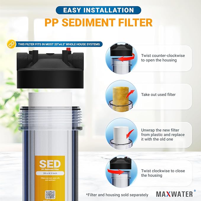 Max Water 5 Micron 20 x 4.5 Sediment Filter 20 inch Whole House BB Water Filteration System Replacement Compatible Cartridge DGD-5005-20, FP25B, AP810-6, FPMB5-20, P5-20, 155358-43, 6 Pack