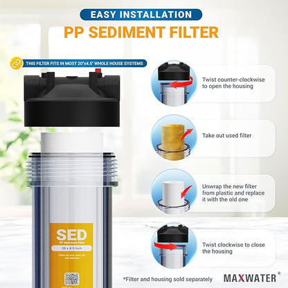 Max Water 5 Micron 20 x 4.5 Sediment Filter 20 inch Whole House BB Water Filteration System Replacement Compatible Cartridge DGD-5005-20, FP25B, AP810-6, FPMB5-20, P5-20, 155358-43, 6 Pack
