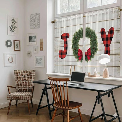 Christmas Wreaths Kitchen Curtains 45 Inch Long 2 Panel Set,Rod Pocket Window Treatment,Winter Bow Plaid Farmhouse Wooden Grain Light Filtering Short Curtains & Drapes for Bathroom Laundry 52"W x 45"L