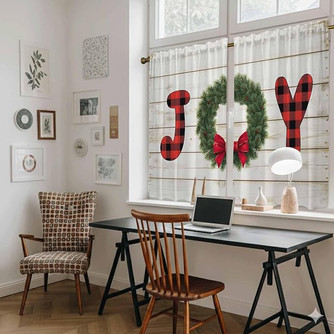 Christmas Wreaths Kitchen Curtains 54 Inch Long 2 Panel Set,Rod Pocket Window Curtains Panels,Winter Bow Plaid Farmhouse Wooden Grain Light Filtering Privacy Draperies for Bedroom Laundry 42"W x 54"L