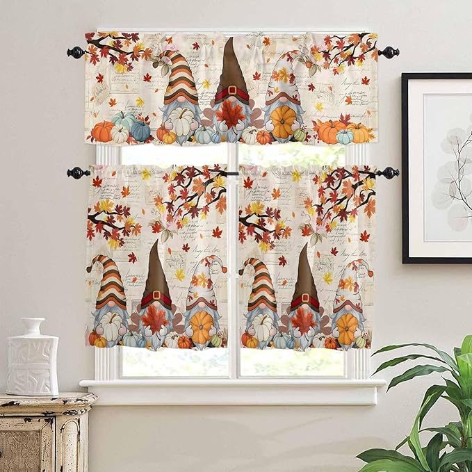 Fall Gnomes Kitchen Curtain Set, Thanksgiving Maple Leaf Rustic Pumpkin Window Valance and Tiers 24" Length, Light Filtering Short Curtains Valance for Cafe Bathroom Bedroom 54"x18"