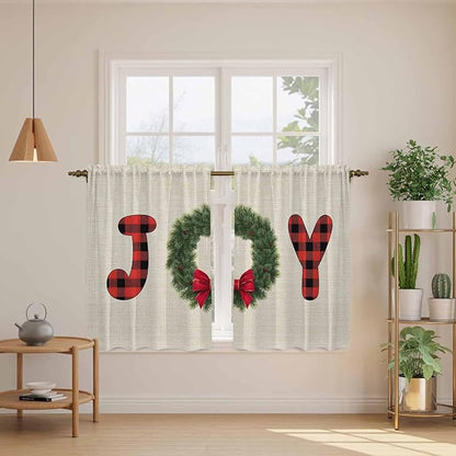 Red Green Christmas Kitchen Curtains 45 Inch Long 2 Panel Set, Rod Pocket Window Treatment, Farmhouse Xmas Botanical Winter Light Filtering Short Curtains & Drapes for Bathroom Laundry 52"W x 45"L