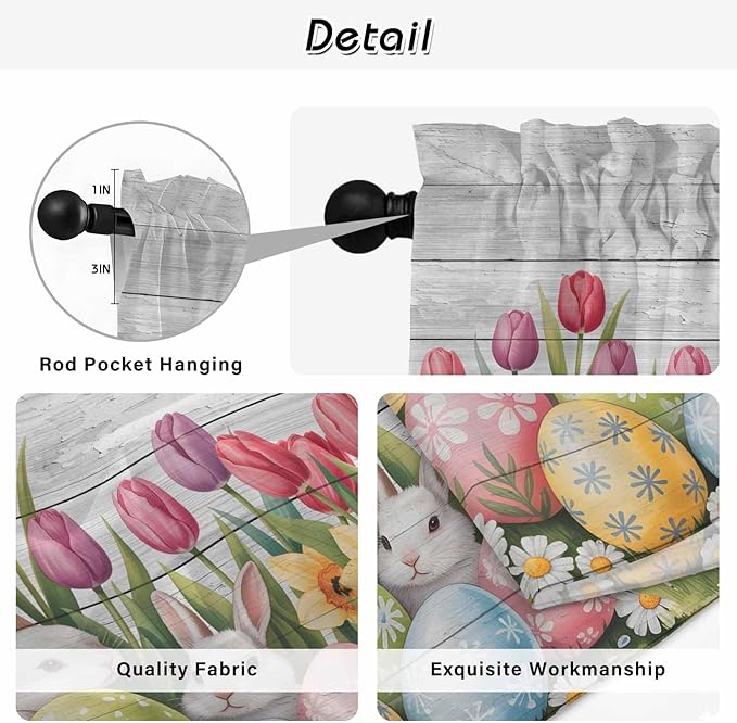 Easter Kitchen Tier Curtains 45 Inch Long 2 Panel Set,Rod Pocket Short Window Treatment,Retro Spring Bunny Eggs Tulip Farm Wooden Grain Light Filtering Curtains & Drapes for Bathroom 27.5"W x 45"L