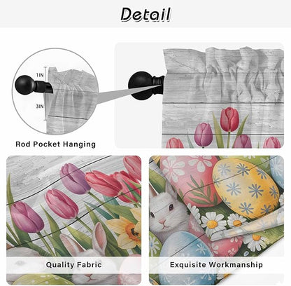 Easter Kitchen Tier Curtains 45 Inch Long 2 Panel Set,Rod Pocket Short Window Treatment,Retro Spring Bunny Eggs Tulip Farm Wooden Grain Light Filtering Curtains & Drapes for Bathroom 27.5"W x 45"L
