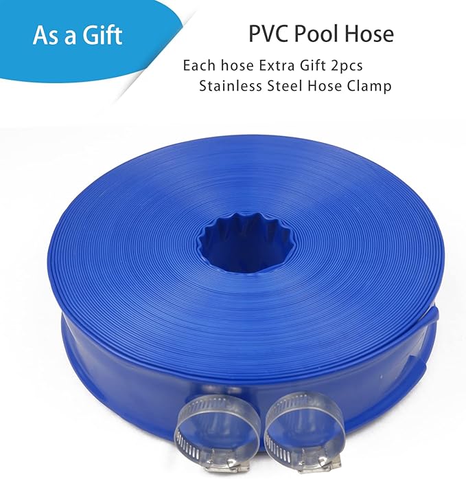 Poolvio 1-1/2" x 100' Professional Blue Backwash Hose with Clamps, General Purpose Reinforced PVC Lay-Flat Water Discharge Hose,for Use While Back-Washing Filters and Draining Pools