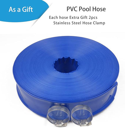Poolvio 1-1/2" x 100' Professional Blue Backwash Hose with Clamps, General Purpose Reinforced PVC Lay-Flat Water Discharge Hose,for Use While Back-Washing Filters and Draining Pools