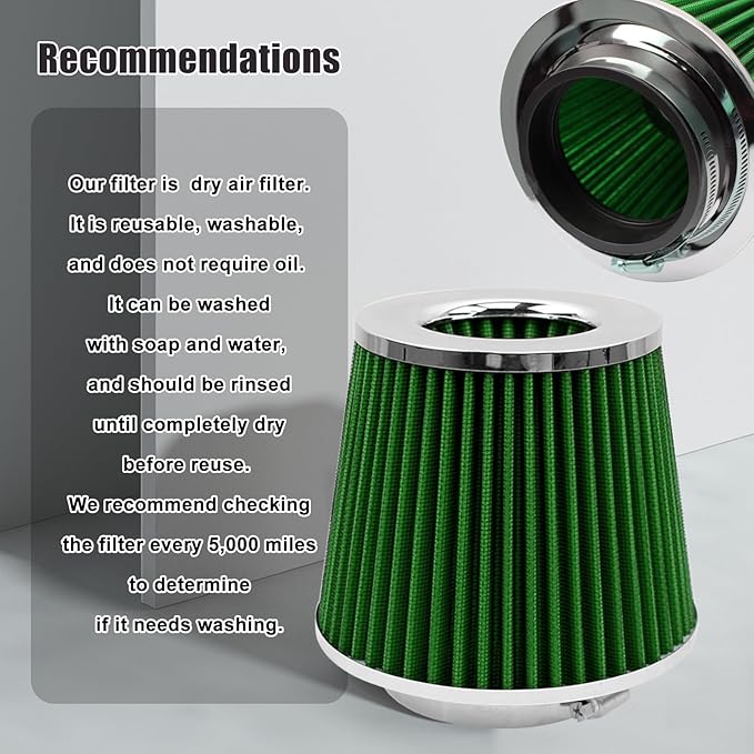 RYANSTAR RACING 89mm 3.5" High Flow Round Tapered Cone Cool Air Filter Cleaner with Top Filter Design Short 150mm tall Green