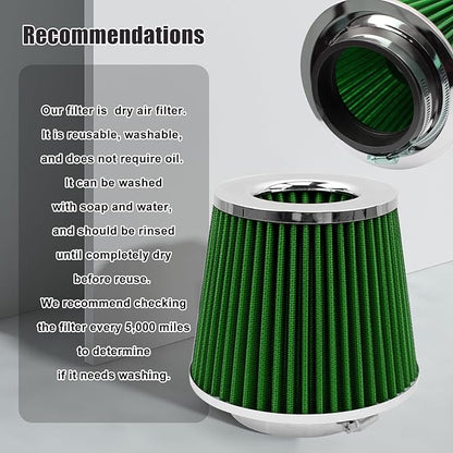 RYANSTAR RACING 89mm 3.5" High Flow Round Tapered Cone Cool Air Filter Cleaner with Top Filter Design Short 150mm tall Green