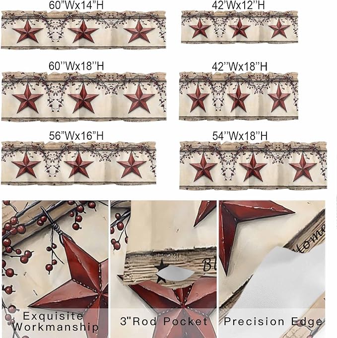 Farmhouse American Valances for Windows, Country Star Berries Vintage Wood Grain Kitchen Valance Light Filtering Rod Pocket Short Curtains for Kitchen Bathroom, 1 Panel, 42"x12"