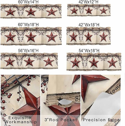 Farmhouse American Valances for Windows, Country Star Berries Vintage Wood Grain Kitchen Valance Light Filtering Rod Pocket Short Curtains for Kitchen Bathroom, 1 Panel, 42"x12"