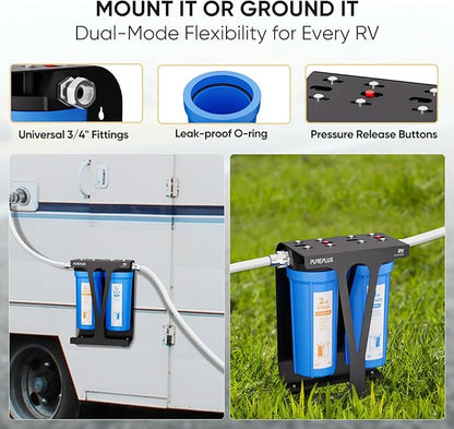 PUREPLUS RV Dual Stage Water Filter System, Includes Two Cartridges and Mounting Bracket, NSF/ANSI 42 Certified, Reduces Sediment, Heavy Metals, Chlorine and More, with Stainless Steel 3/4" Fittings