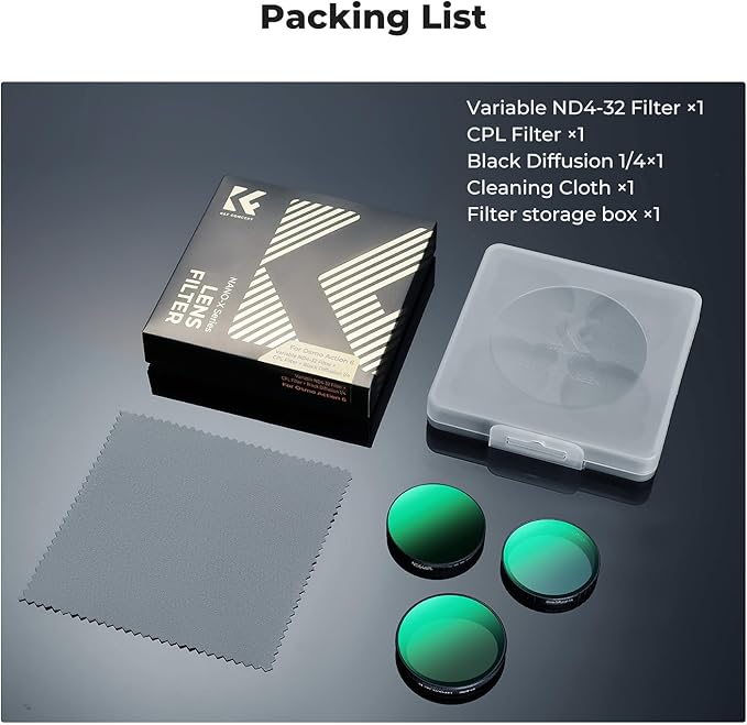 K&F CONCEPT Snap On CPL VND Effect Filter Kit Compatible with DJI Osmo Action 6, 3 Pack CPL Black Diffusion 1/4 ND4-32 Filters HD Optical Glass/Multi-Coated Action Camera Accessories