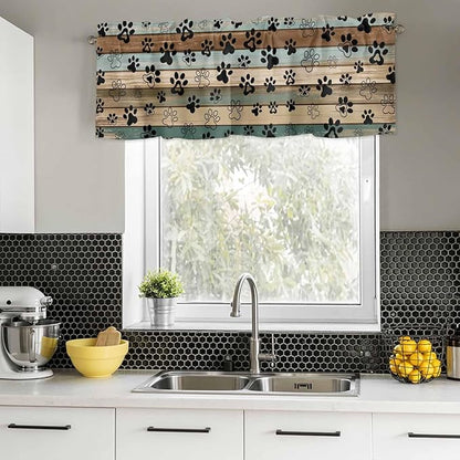 Dog Paws Valance Curtains for Kitchen, Teal Brown Wood Grain Privacy Rod Pocket Valance Curtain, Light-Filtering Window Treatment for Bedroom Bathroom, 42"x18"