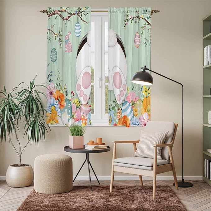 Easter Window Curtains 63 Inch Long 2 Panel Set, Rod Pocket Bedroom Curtains & Drapes, Spring Watercolor Bunny Eggs Wooden Grain Green Light Filtering Window Treatment for Living Room 42"W x 63"L