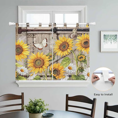 Farmhouse Sunflowers Bedroom Curtains 63 Inch Length, Window Curtains Tab Top, Rustic Barn Doors Flowers Butterfly Wooden Light Filtering Window Treatments Drapes 42"x63" 2 Panel