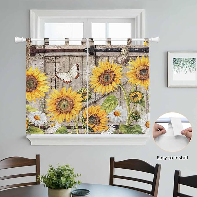 Farmhouse Sunflowers Kitchen Curtains 45 Inch Length, Short Cafe Window Curtains Tab Top, Rustic Barn Doors Flowers Butterfly Wooden Light Filtering Window Treatments Tier Drapes 27.5"x45" 2 Panel