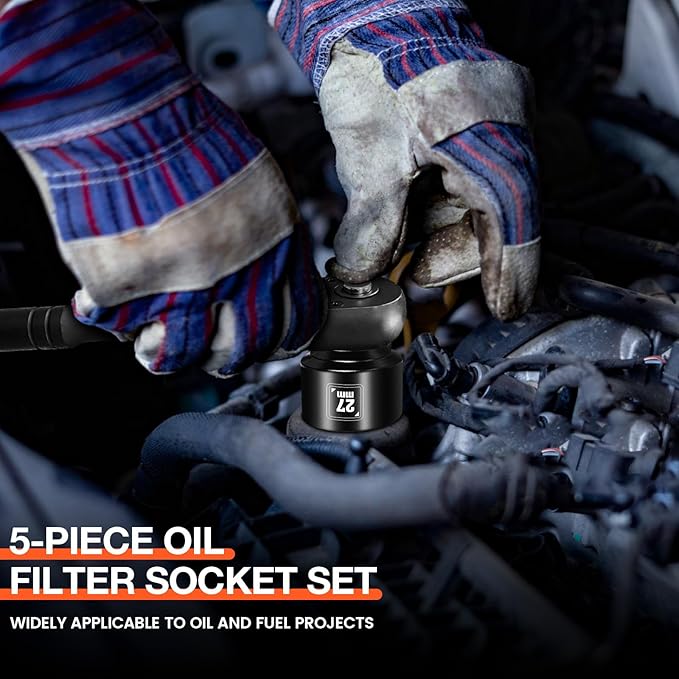 BLACKROBOT 5 Pieces 3/8” Drive Low Profile Oil Filter Socket Set, Metric Size 24mm, 27mm, 29mm, 32mm, 36mm, Chrome Vanadium Steel, 6 Point Design, Oil Filter Cap Remover and Installer Tool Set