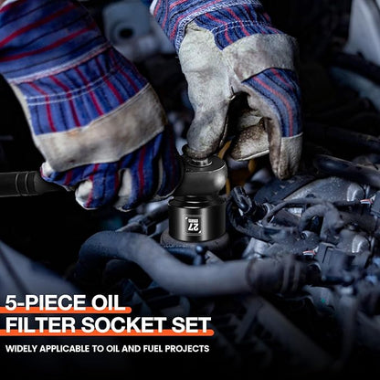 BLACKROBOT 5 Pieces 3/8” Drive Low Profile Oil Filter Socket Set, Metric Size 24mm, 27mm, 29mm, 32mm, 36mm, Chrome Vanadium Steel, 6 Point Design, Oil Filter Cap Remover and Installer Tool Set