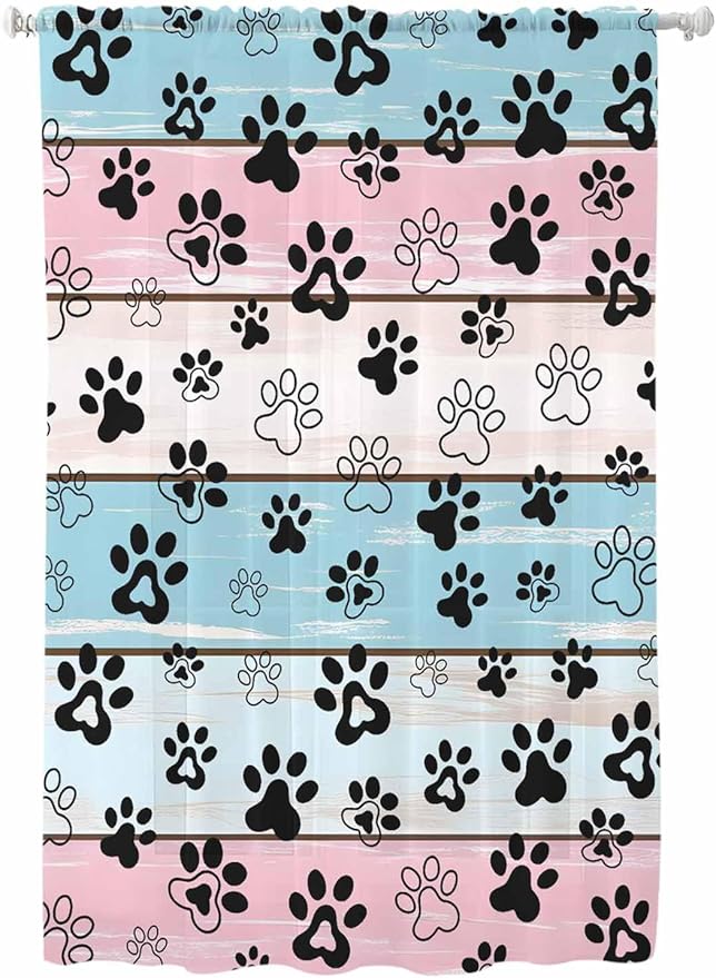 Sheer Curtains 63 Inch Length, Blue Pink Dog Paws Prints Semi Sheer Curtains Light Filtering Window Treatment, Farmhouse Beige Wood Privacy Voile Drapes for Living Room Bedroom 52x63 Inch