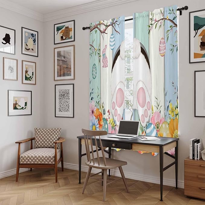 Easter Window Curtains 72 Inch Long 2 Panel Set,Rod Pocket Long Curtains & Drapes,Spring Watercolor Bunny Eggs Wood Grain Teal Blue Light Filtering Window Treatment for Bedroom Living Room 52"W x 72"L