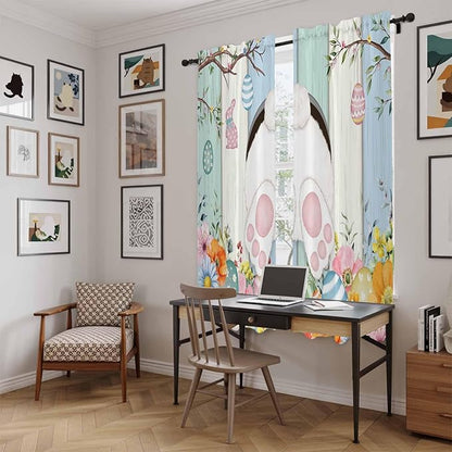 Easter Window Curtains 72 Inch Long 2 Panel Set,Rod Pocket Long Curtains & Drapes,Spring Watercolor Bunny Eggs Wood Grain Teal Blue Light Filtering Window Treatment for Bedroom Living Room 52"W x 72"L