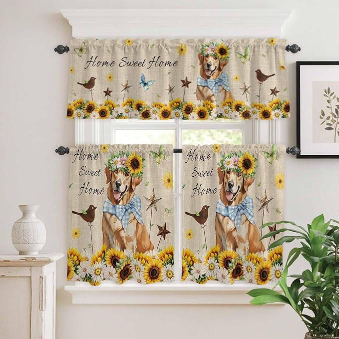 Kitchen Curtains Tiers and Valance Set of 3, Sunflowers Dog Light Filtering Window Curtain Set, Spring Watercolor Floral Stars on Linen Rod Pocket Curtain Drapes for Cafe, Living Room, 36 Inches Tiers