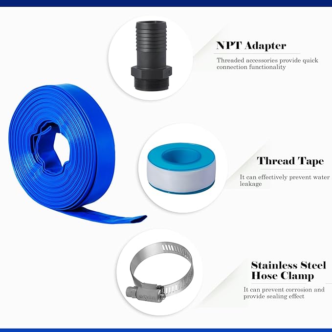 Eastrans 1 1/2 in x 50 ft Pool Backwash Hose Kit with Male NPT Adapter,Heavy Duty Discharge Pump Hose for Swimming Pool,Reinforced Pool Drain Hose with 2 Clamps and Thread Seal Tape,6 Bar