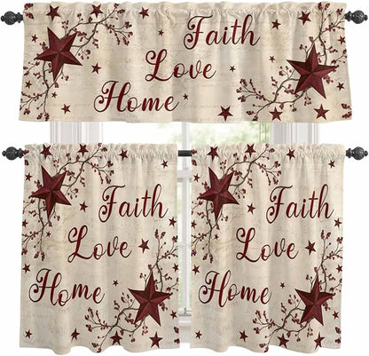 Kitchen Curtains Tiers and Valance Set of 3, Vintage Country Light Filtering Window Curtain Set, Vintage Rustic Texas Stars Plants Branch Rod Pocket Curtain Drapes for Living Room, 36 Inches Tiers