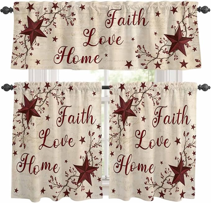 Kitchen Curtains Tiers and Valance Set of 3, Vintage Country Light Filtering Window Curtain Set, Vintage Rustic Texas Stars Plants Branch Rod Pocket Curtain Drapes for Living Room, 24 Inches Tiers
