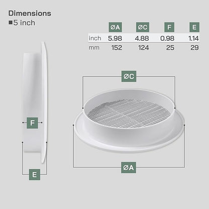 Vent Systems 5'' Inch - White - Soffit Vent Cover - Round Air Vent Louver - Grill Cover - Built-in Insect Screen - HVAC Vents for Bathroom, Home Office, Kitchen