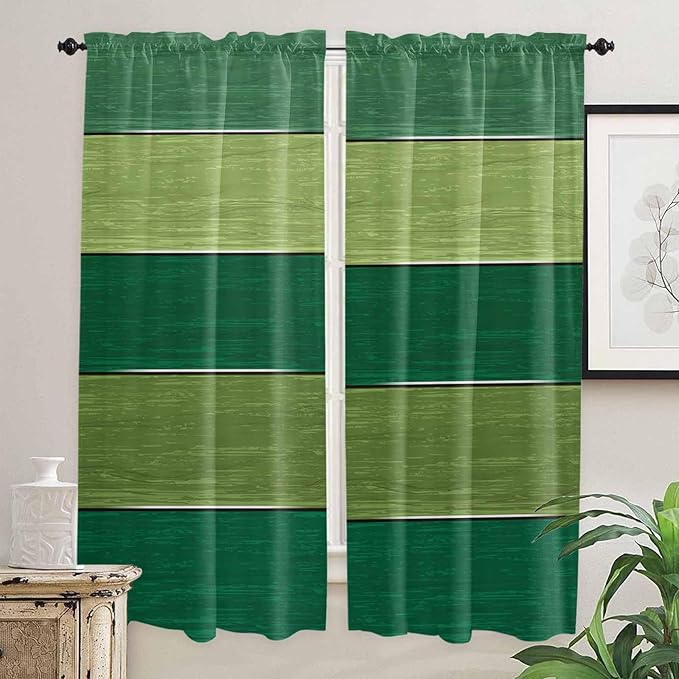 Farm Retro Green Wood Grain Window Valance Curtains, Rustic Wooden Plank Texture Light Filtering Kitchen Valance with 3-inch Rod Pocket for Living Room Bathroom Bedroom,2 Panel,52x72In