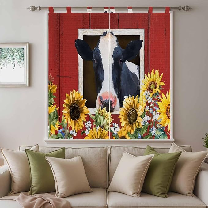 Cow Sunflowers Bathroom Curtains 63 Inch Length, Window Curtains Tab Top, Botanical Floral Leaves Bees Farm Barn Light Filtering Window Treatments Drapes 52"x63" 2 Panel