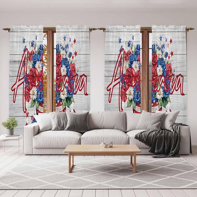 Independence Day Window Curtains 72 Inch Long 2 Panel Set, Rod Pocket Long Curtains & Drapes, 4 of July Rose Wooden Grain Vintage Light Filtering Window Treatment for Bedroom Living Room 52"W x 72"L