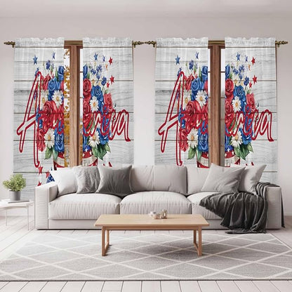 Independence Day Window Curtains 72 Inch Long 2 Panel Set, Rod Pocket Long Curtains & Drapes, 4 of July Rose Wooden Grain Vintage Light Filtering Window Treatment for Bedroom Living Room 52"W x 72"L