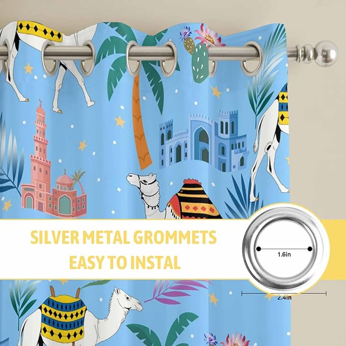 2 Panel Kitchen Cafe Curtains, Desert Landscape Sunlight Filtering Nature Air Through, Home Decor Window Covering Tier Curtains for Bedroom Living Room Cute Camels Palm Trees Houses Leaves Blue