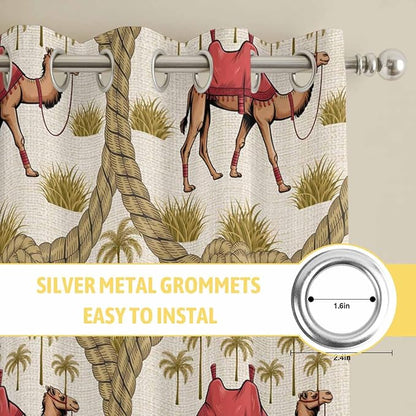 2 Panel Kitchen Cafe Curtains, Camels Palm Trees Sunlight Filtering Nature Air Through, Window Decor Tier Curtains for Living Room 104W x 96L inch Desert Date Coconut Trees Leaves Cords Beige