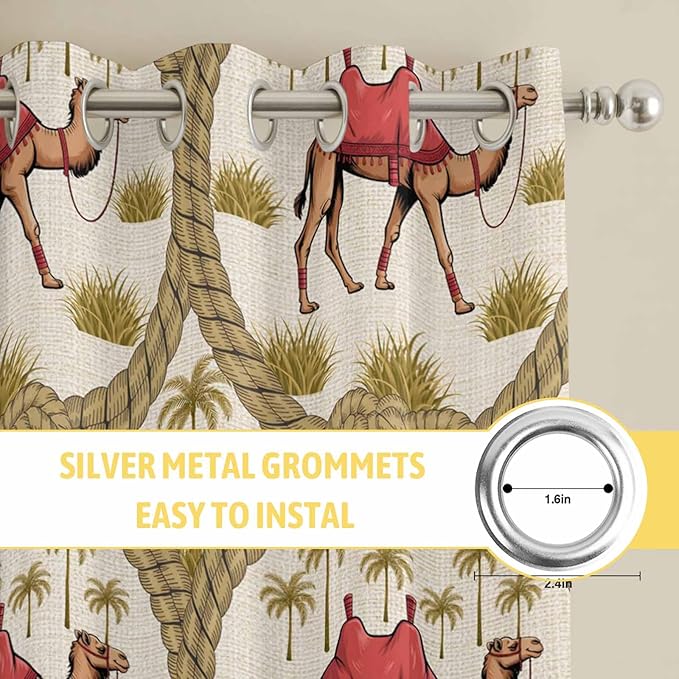 2 Panel Kitchen Cafe Curtains, Camels Palm Trees Sunlight Filtering Nature Air Through, Home Decor Window Covering Tier Curtains for Bedroom Living Room Desert Date Coconut Trees Leaves Cords Beige