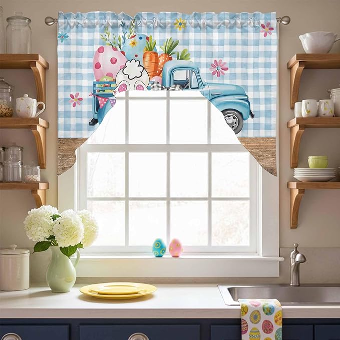 Swag Valance Curtains, Easter Truck with Rabbit Eggs Carrot Rod Pocket Valances Swag Topper for Kitchen Windows, Wood Barn and Blue Checker Light Filtering Short Curtain for Bedroom Bathroom 56x36In
