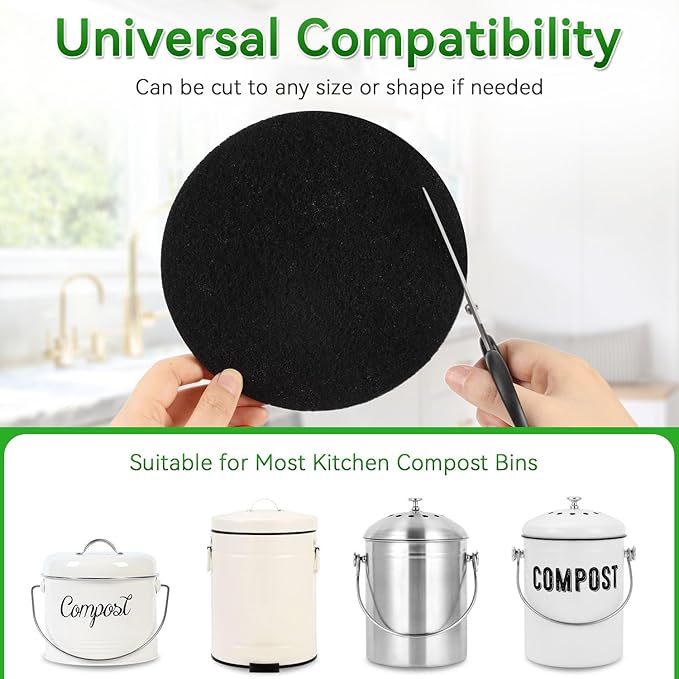 10 Pack Charcoal Filters for Compost Bucket, Compost Filters for Countertop Bin, Odor-Absorbing Activated Charcoal Replacement for Kitchen, Home Bucket Compost Bin Refill, 6.7 Inch