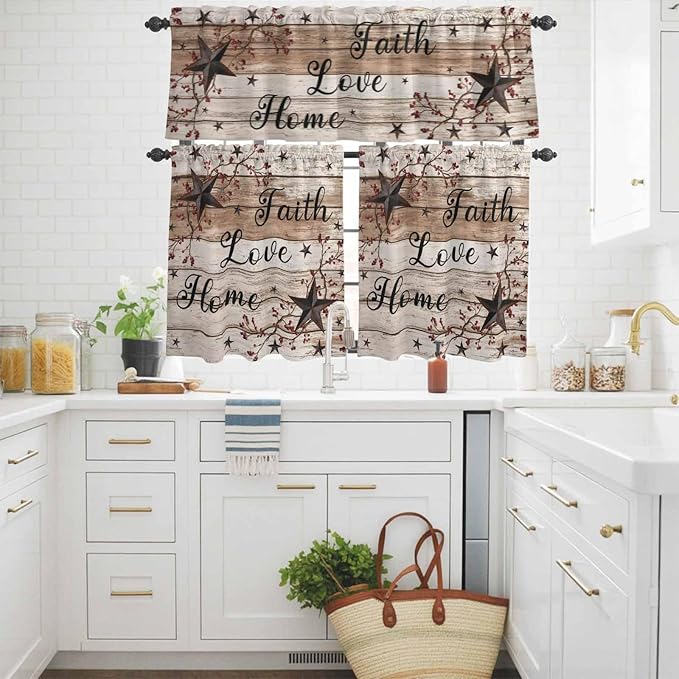 Kitchen Curtains Tiers and Valance Set of 3, Rustic Star Brown Light Filtering Window Curtain Set, Vintage Plants Berry Wooden Grain Rod Pocket Curtain Drapes for Cafe, Living Room, 24 Inches Tiers