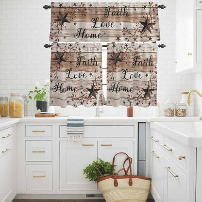 Kitchen Curtains Tiers and Valance Set of 3, Rustic Star Brown Light Filtering Window Curtain Set, Vintage Plants Berry Wooden Grain Rod Pocket Curtain Drapes for Cafe, Living Room, 24 Inches Tiers