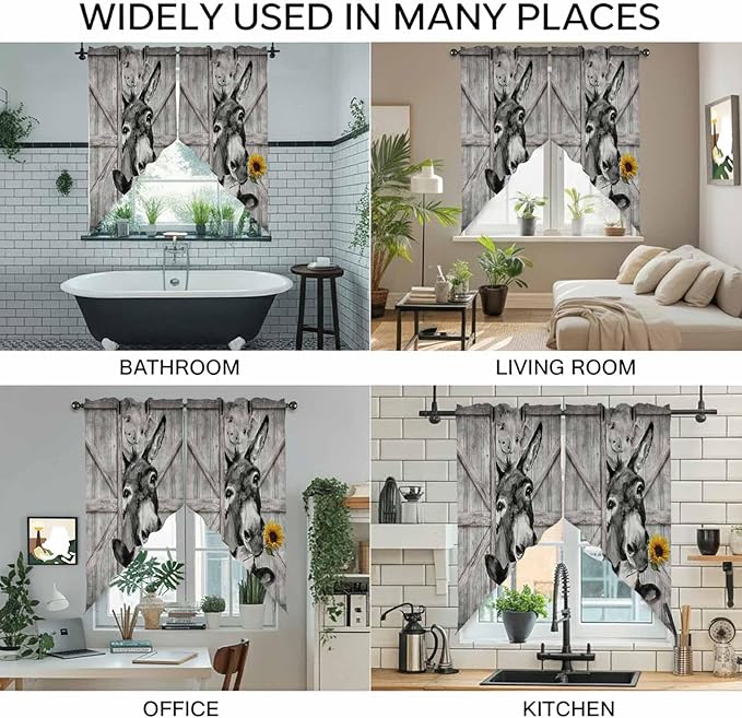 Funny Farm Animals Swag Valances for Windows, Vintage Barn Grey Sunflowers Rod Pocket Kitchen Curtains Valance, Kitchen Window Curtains Swag for Cafe Bathroom Living Room, 2 Panels, 36x63 inch