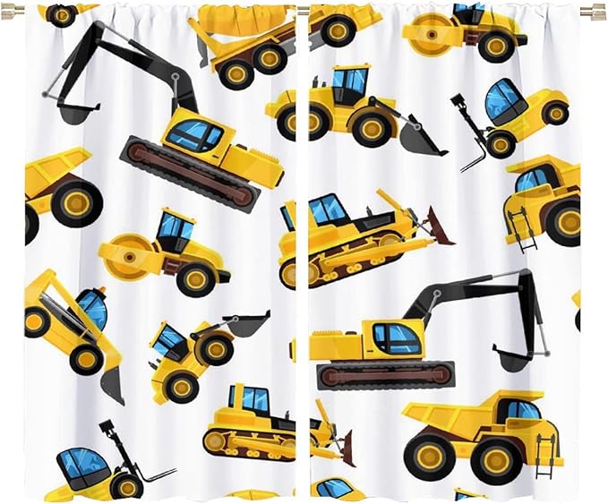 Kids Construction Equipment Window Curtains, Excavator Tractor Tow Truck Rod Pocket Decorative Windows Curtain for Children Teens Boys Girls Room Decor 72x63in (30% Blackout)