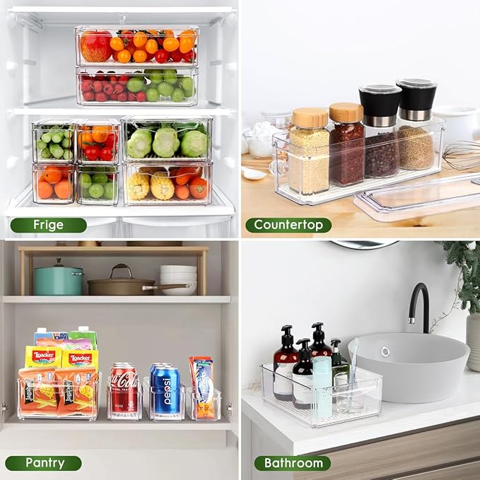 6 Pack Fridge Organizer, Stackable Refrigerator Organizer Bins with Lids, BPA-Free Fridge Organizers and Storage Containers for Fruit, Vegetable, Food, Drinks, Cereals, Clear