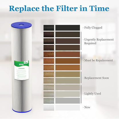50 Micron 20-Inch Heavy Duty Whole House Water Filter Replacement Cartridge, Pleated Sediment Water Filters 4.5" x 20" for Well Water, Compatible with ECP5-20BB, R30-20BB, SPC-45-2050, 6 Pack