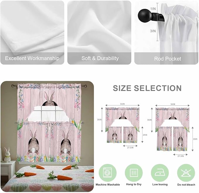 Swag Valance Curtains, Easter Cute Rabbit and Colorful Eggs Rod Pocket Valances Swag Topper for Kitchen Windows, Pink Farm Wooden Barn Light Filtering Short Curtain for Bedroom Bathroom 56x36In